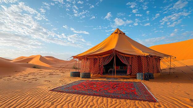 luxury desert camp in sahara morocco berber tent red carpet blue sky and dunes tourism adventure free photo
